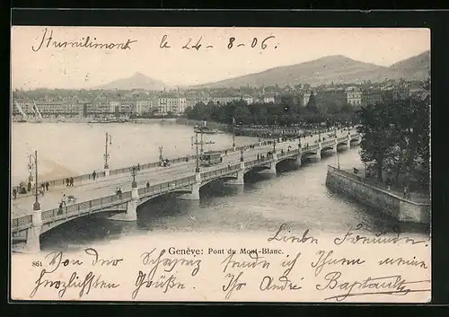 AK Genève, Pont du Mont-Blanc, Strassenbahn