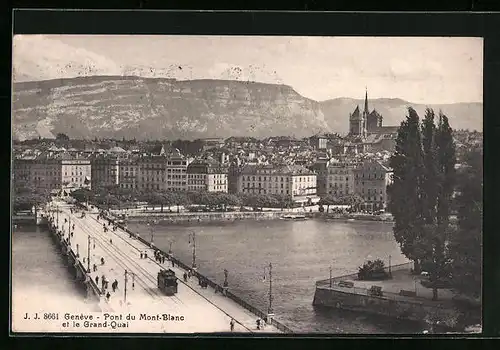 AK Genève, Pont du Mont-Blanc et le Grand-Quai, Strassenbahn