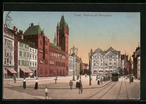 AK Basel, Rathaus und Kaffeerösterei am Marktplatz und Strassenbahn