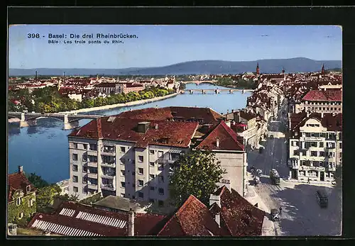 AK Basel, Teilansicht mit den drei Rheinbrücken und Strassenbahn