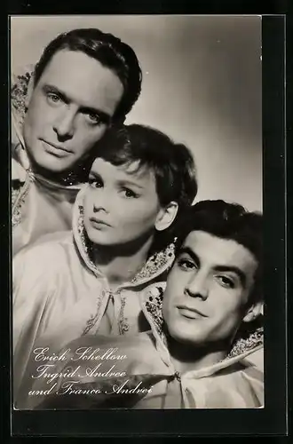 AK Schauspieler Erich Schellow, Ingrid Andree und Franco Andrei in dem Film Drei vom Varietè