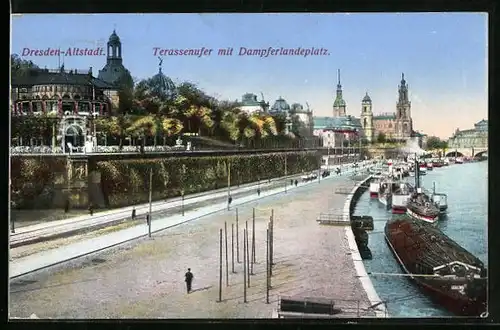 AK Dresden-Altstadt, Terrassenufer mit Dampferlandeplatz