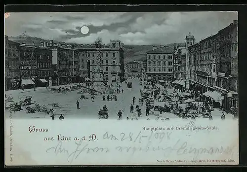 Mondschein-AK Linz a. d. D., Hauptplatz mit Dreifaltigkeits-Säule