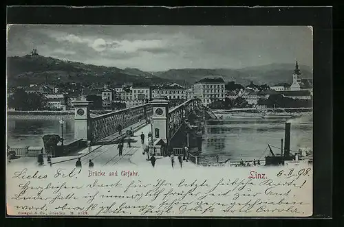 Mondschein-AK Linz a. D., Brücke und Urfahr