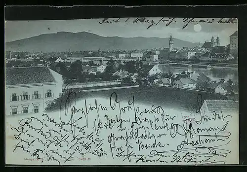 Mondschein-AK Linz a. Donau, Stadtansicht aus der Vogelschau