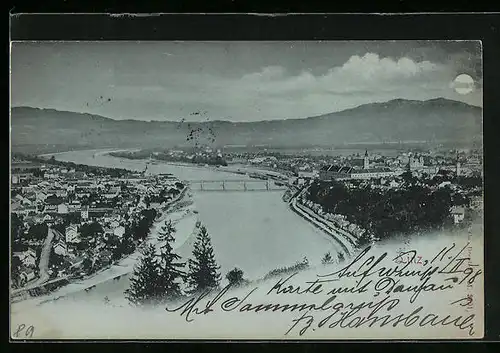 Mondschein-AK Linz a. D., Totalansicht aus der Vogelschau