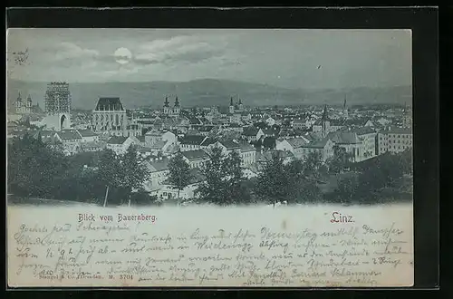 Mondschein-AK Linz a. Donau, Blick vom Bauernberg