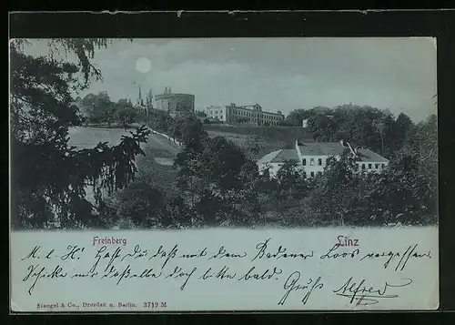 Mondschein-AK Linz a. Donau, Blick zum Freinberg