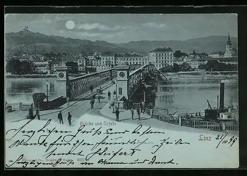 Mondschein-AK Linz a. D., Brücke und Urfahr