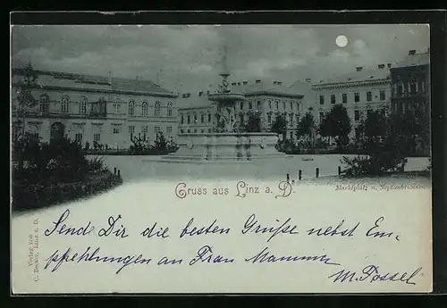 Mondschein-AK Linz a. D., Marktplatz und Neptunbrunnen