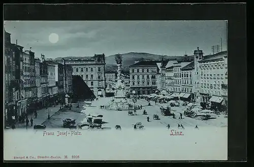 Mondschein-AK Linz a. D., Franz Josef-Platz