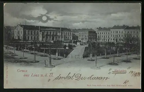 Mondschein-AK Linz a. d. D., Marktplatz