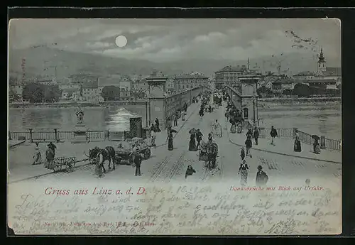 Mondschein-AK Linz a. d. D., Donaubrücke mit Blick auf Urfahr