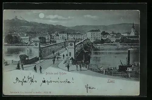 Mondschein-AK Linz a. D., Brücke mit Blick auf Urfahr