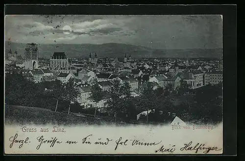 Mondschein-AK Linz a. D., Blick vom Bauernberg
