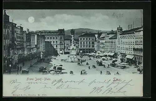 Mondschein-AK Linz a. D., Franz Josef-Platz aus der Vogelschau