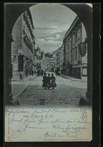 Mondschein-AK Linz a. d. Donau, Strassenpartie in der Altstadt