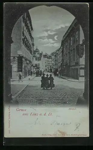Mondschein-AK Linz a. d. Donau, Strassenpartie in der Altstadt