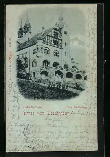 Mondschein-AK Linz a. D., Kirche und Hotel Pöstlingberg