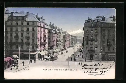 AK Genève, Rue du Mont-Blanc, Pferdebahn