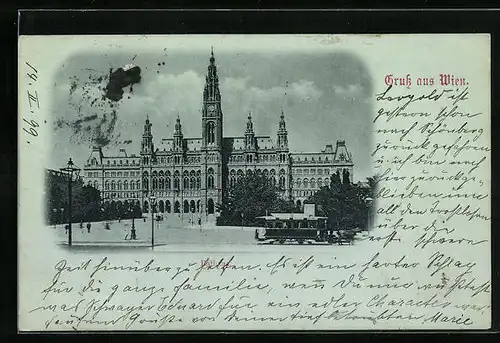 Mondschein-AK Wien, Pferdebahn vor dem Rathaus