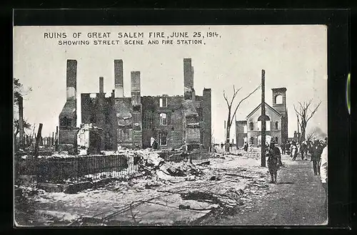 AK Salem, MA, Ruins of Great Salem Fire, june 25, 1914, Showing Street Scene and Fire Station