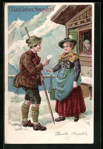 AK Postbote mit Brief für Frau, Neujahrsgruss