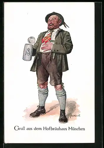 Künstler-AK Fritz Quidenus: München, Gasthaus Hofbräuhaus, Mann in Tracht mit Bierkrug