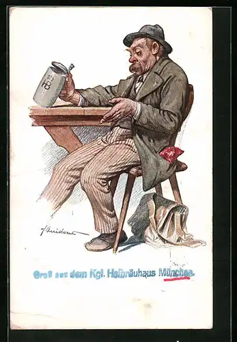 Künstler-AK Fritz Quidenus: München, Gasthaus Königliches Hofbräuhaus, Mann mit Bierkrug