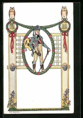 Künstler-AK Fritz Quidenus: Mann mit Gitarre und Eulen