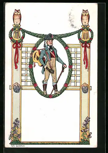 Künstler-AK Fritz Quidenus: Mann mit Gitarre und Eulen
