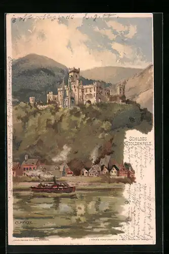 Künstler-AK C. Pfaff: Koblenz, Schloss Stolzenfels und Dampfboot