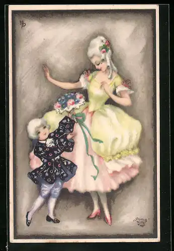 Künstler-AK Hannes Petersen: Kind mit Blumen für junge Dame