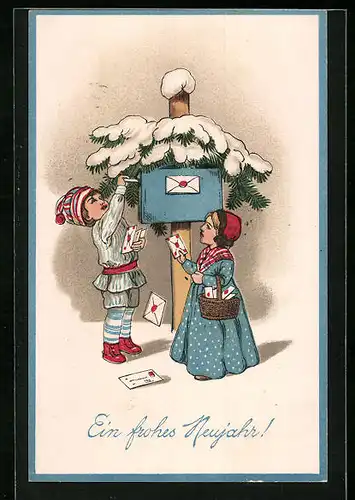 Präge-AK Kinderpaar mit Briefen am Postkasten im Winter, Neujahrsgruss