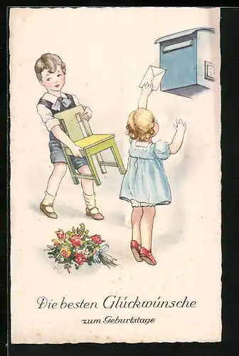 AK Kinderpaar mit Brief und Stuhl am Postkasten, Geburtstagsgruss