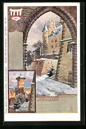 Künstler-AK H. Bahndorf: Wernigerode, Schlosseinfahrt u. Ortspartie im Winter