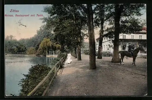 AK Zittau, Restaurant Weinau mit Teich