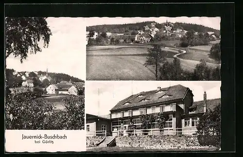 AK Jauernick-Buschbach bei Görlitz, Teilansicht mit Jauernicker Bergen, SVA-Genesungsheim Kreuzbergbaude, Ortspartie