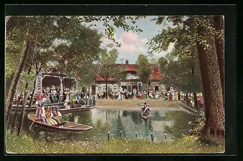 AK Lehde /Spreewald, Gasthaus zum fröhlichen Hecht mit Booten