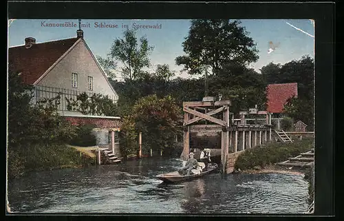 AK Alt Zauche /Spreewald, Kannomühle und Schleuse mit Boot