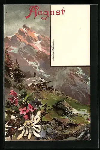 Künstler-AK Theodor Guggenberger: August, Berglandschaft mit Alpenblumen