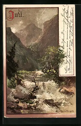 Künstler-AK Theodor Guggenberger: Juli, Uferlandschaft mit Bergen