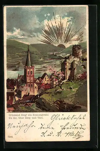 Künstler-AK Theodor Guggenberger: Uferpartie mit Kirche und Sonne