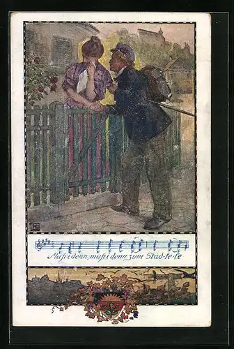 Künstler-AK Albert Hendschel: Deutscher Schulverein Nr. 367: Muss i denn zum Städtele..., Lied mit Noten