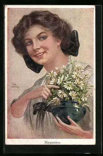 Künstler-AK Ruab Gnischaf: Junge Frau mit Margueriten