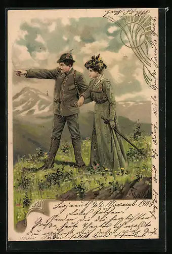 Präge-Künstler-AK Alfred Mailick: Paar auf Blumenwiese und Bergpanorama