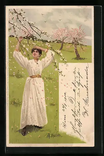 Künstler-AK Alfred Mailick: Junge Frau auf einer Wiese bei Baumblüte