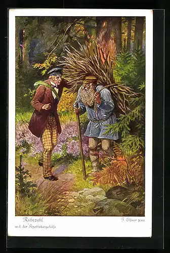 Künstler-AK sign. F. Elssner: Rübezahl und der Apothekergehilfe, Märchen