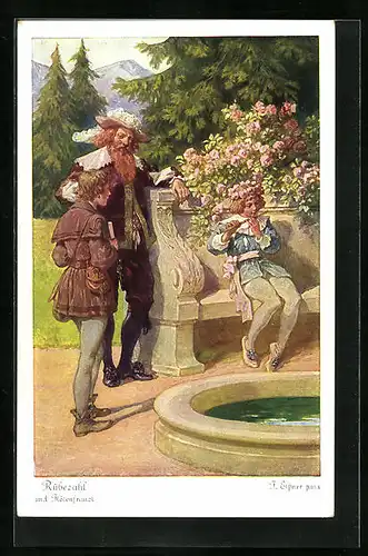 Künstler-AK sign. F. Elssner: Rübezahl und Flötenfranzl, Märchen