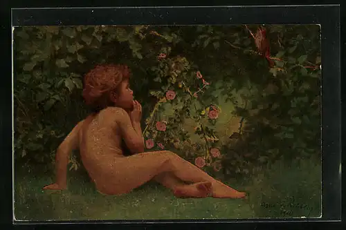 Künstler-AK Arno von Riesen: Ein Duett, Nacktes Kind mit einem Vogel